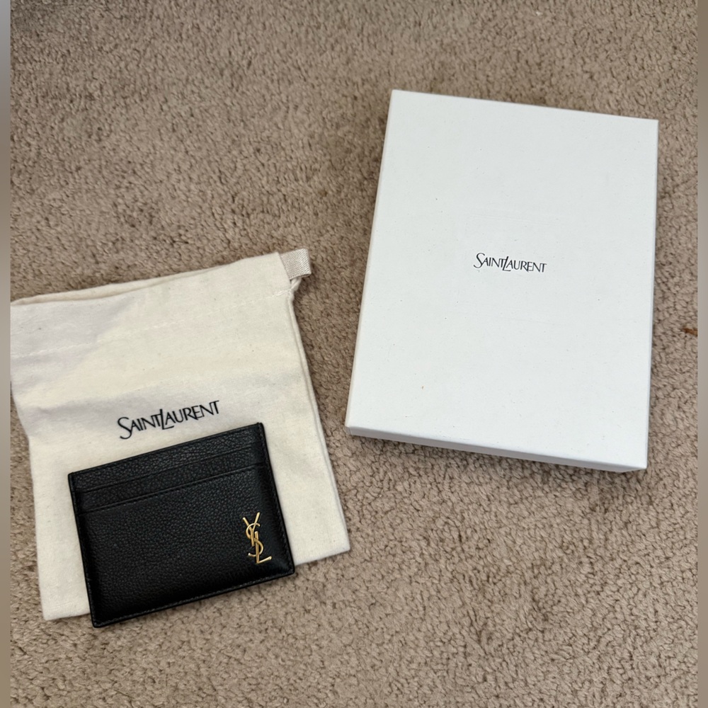 Saint Laurent Black Pebbled Leather Card Holder with Gold YSL Full Set